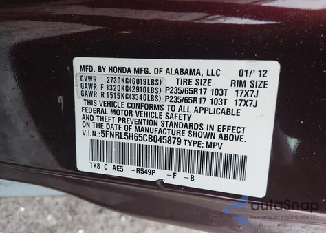 2012 Honda Odyssey Ex-L z USA, uszkodzony, nr VIN 5FNRL5H65CB045879